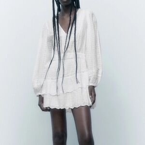 Zara White Long Sleeve White Tiered Dress